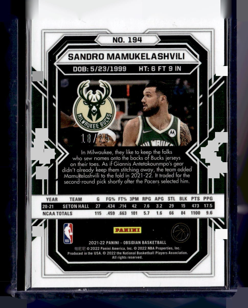2021-22 Panini Obsidian #194 Sandro Mamukelashvili Electric Green Flood #/25 — back