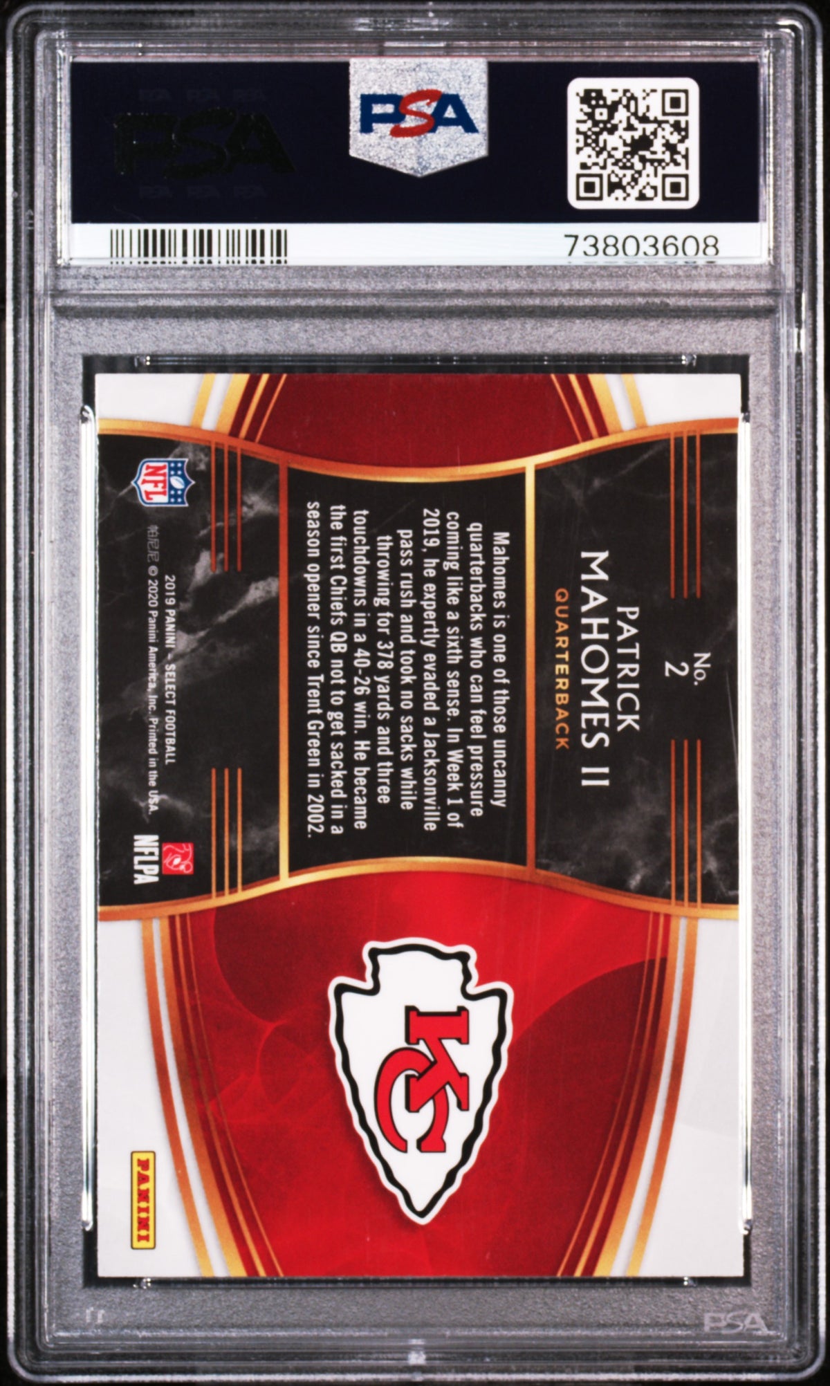 2019 PANINI SELECT SNAPSHOTS PATRICK MAHOMES II #2 SNAPSHOTS PSA 10 — back of actual slab