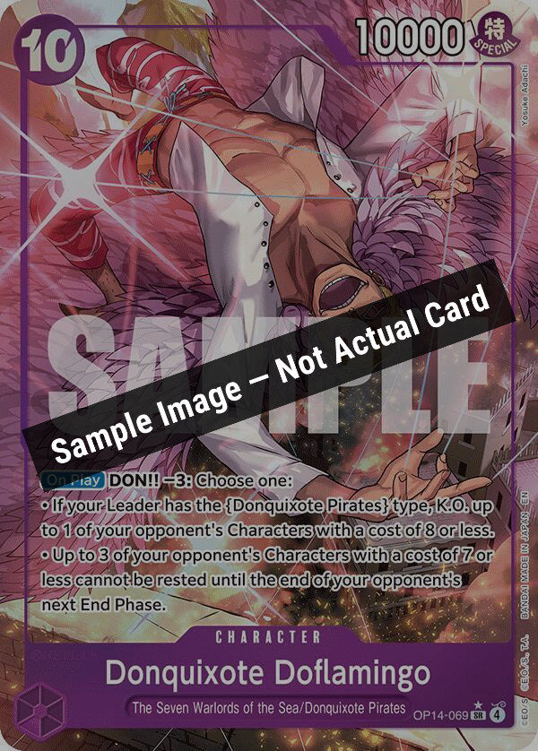 One Piece Card Game,The Azure Sea's Seven,Donquixote Doflamingo - OP14-069 (Alternate Art),Foil,Near Mint — Sample Image, Not Actual Card