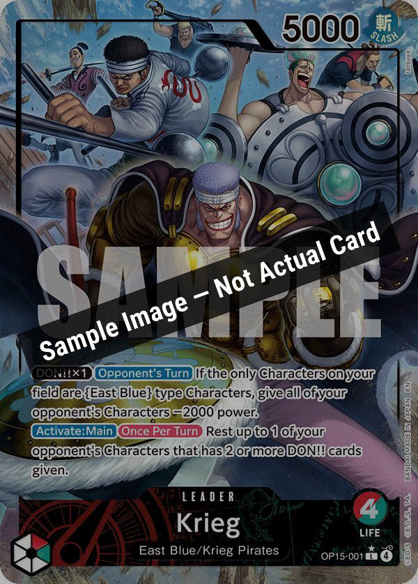 One Piece Card Game,Adventure on Kami's Island,Krieg (OP15-001) (Alternate Art),Foil,Near Mint — Sample Image, Not Actual Card