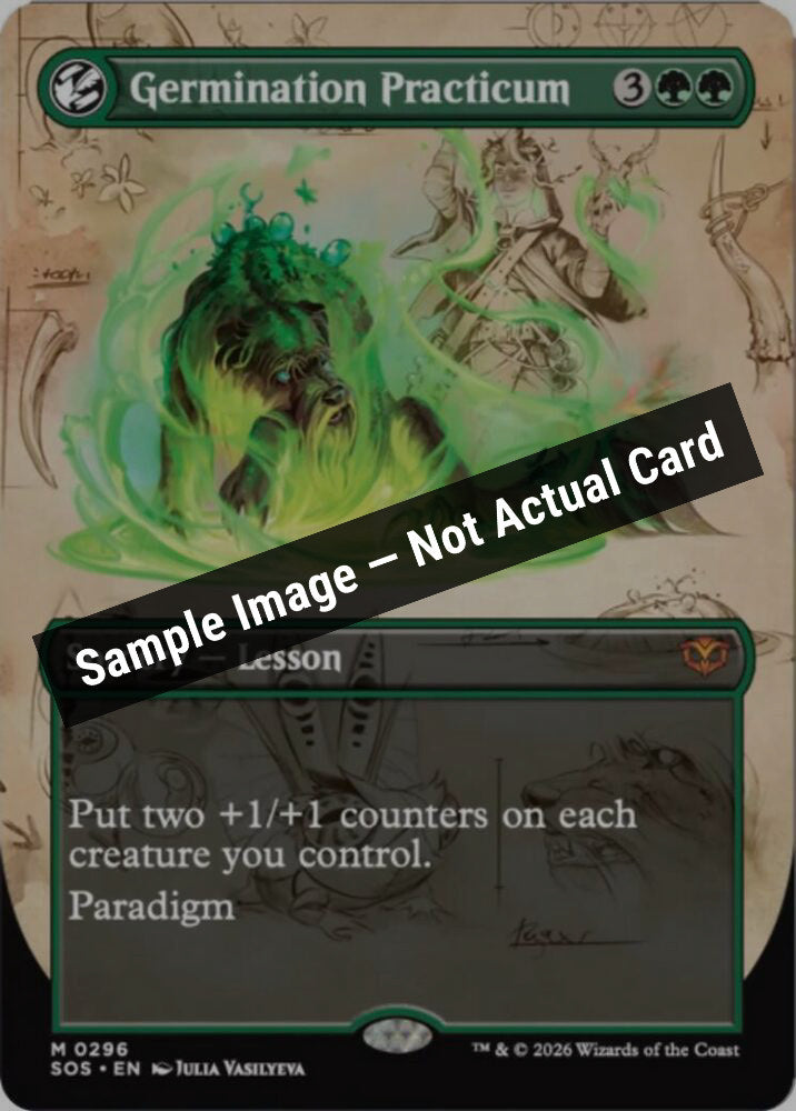 Magic,Secrets of Strixhaven,Germination Practicum (Borderless) - 296,Normal,Near Mint — Sample Image, Not Actual Card