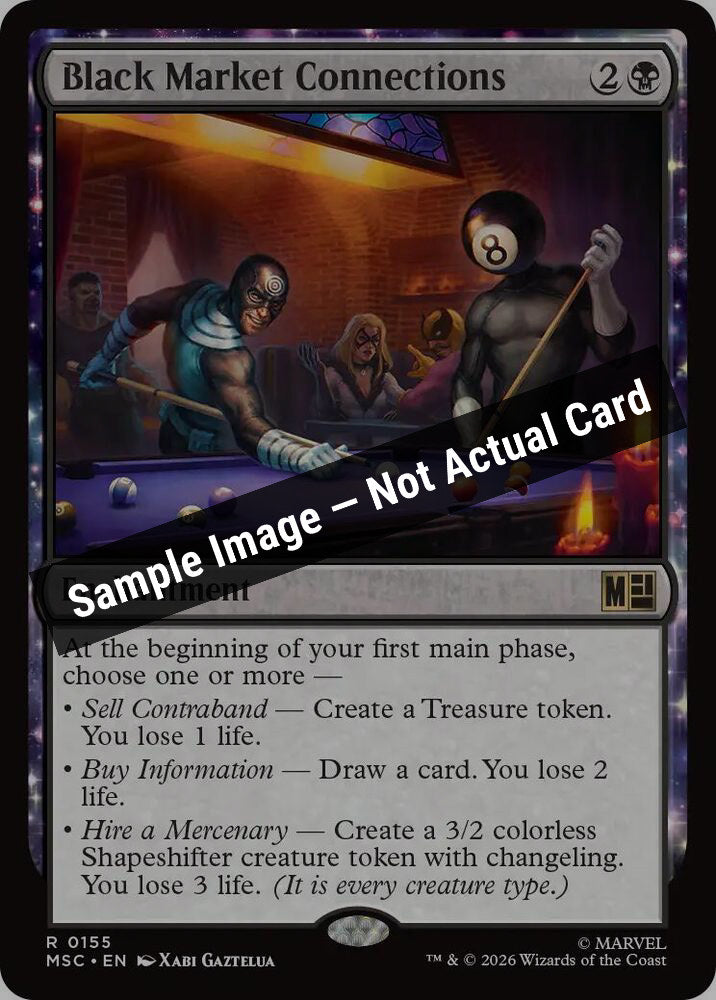 Magic,Commander: Marvel Super Heroes,Black Market Connections (Surge Foil) - 155,Foil,Near Mint — Sample Image, Not Actual Card