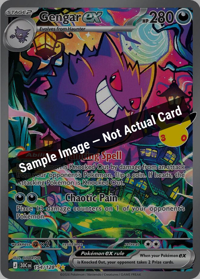 Pokemon,ME: 30th Celebration,Gengar ex - 154/128,Holofoil,Near Mint — Sample Image, Not Actual Card