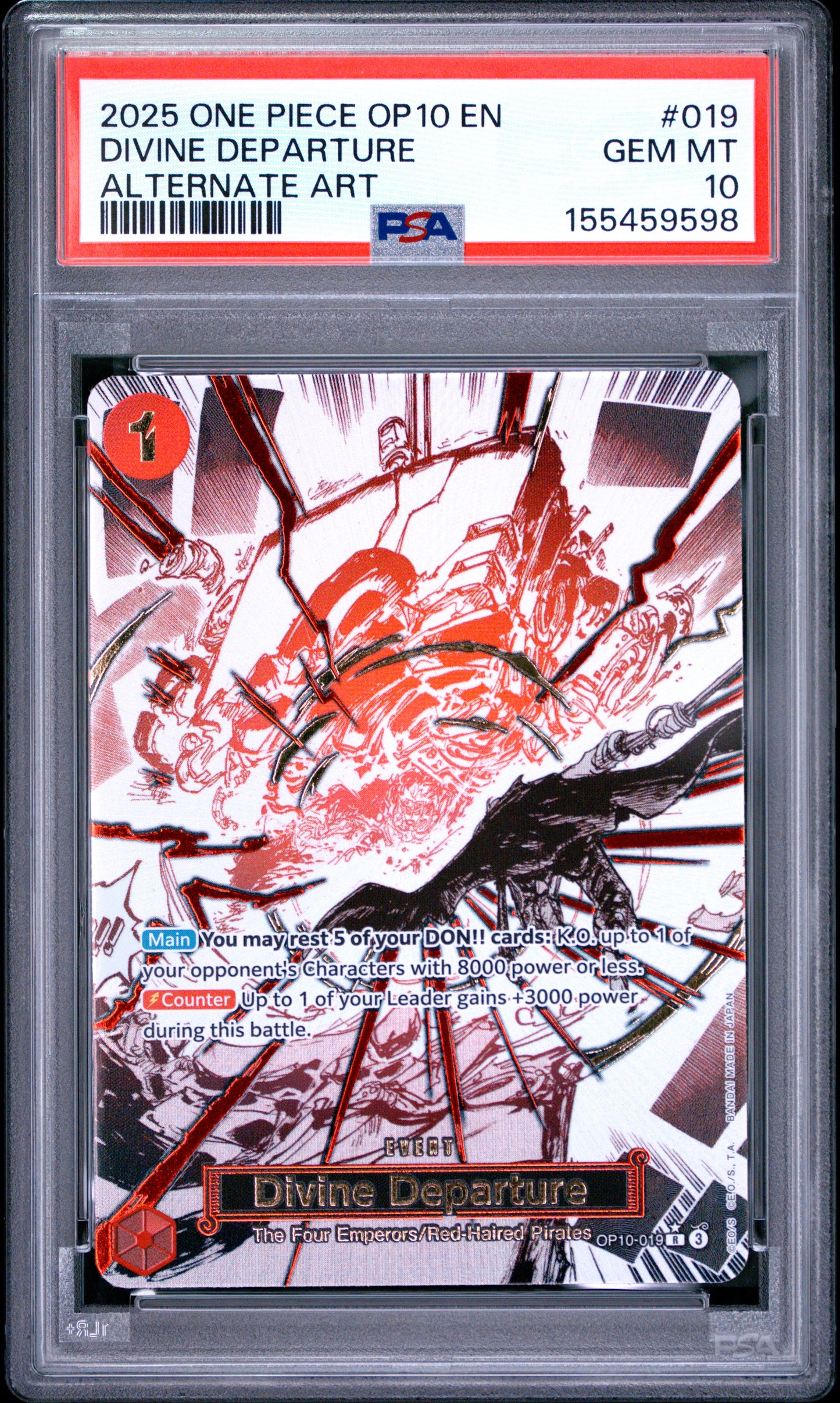 2025 ONE PIECE OP10-ROYAL BLOOD DIVINE DEPARTURE #019 ALTERNATE ART PSA 10