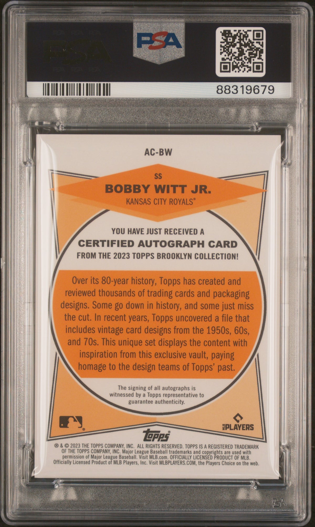 2023 TOPPS BROOKLYN COLLECTION AUTOGRAPH BOBBY WITT JR. #BW AUTOGRAPH-PURPLE PSA 9