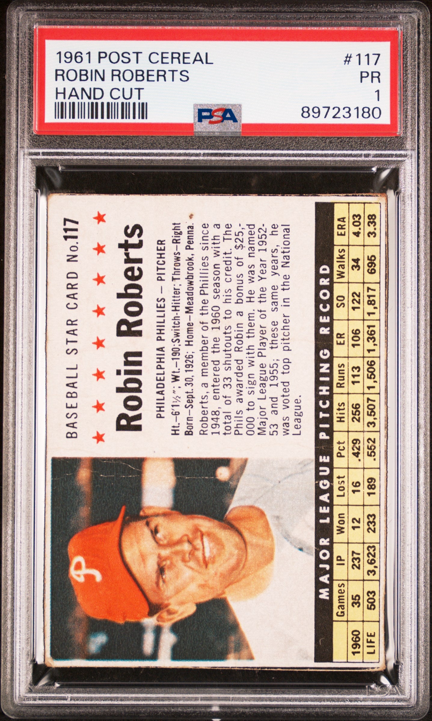 1961 POST CEREAL ROBIN ROBERTS #117 HAND CUT PSA 1