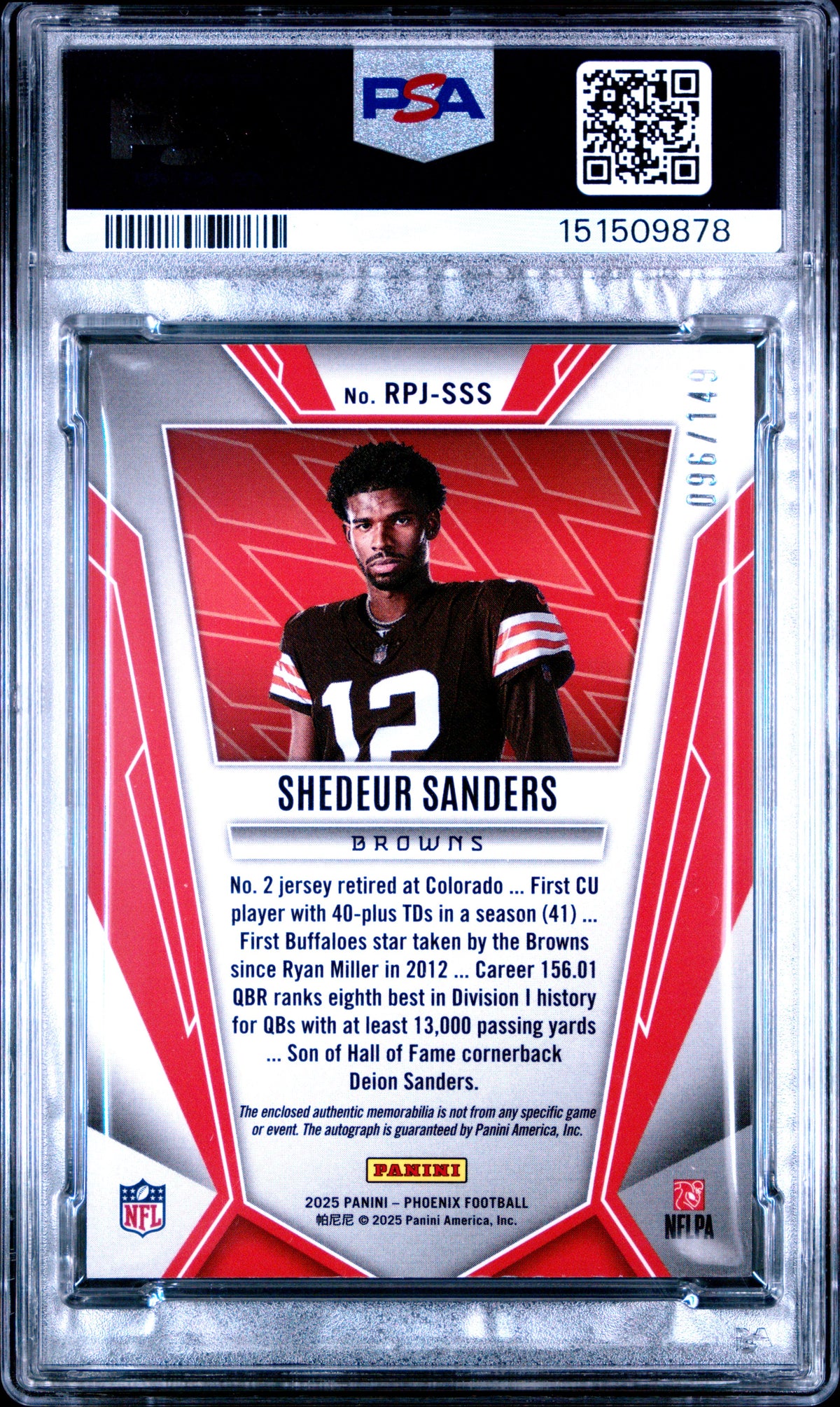 2025 PANINI PHOENIX ROOKIE PHENOM JERSEY AUTOGRAPHS SHEDEUR SANDERS #RPJ-SSS RK PHENOM JSY AUTO-SILVER PSA 8