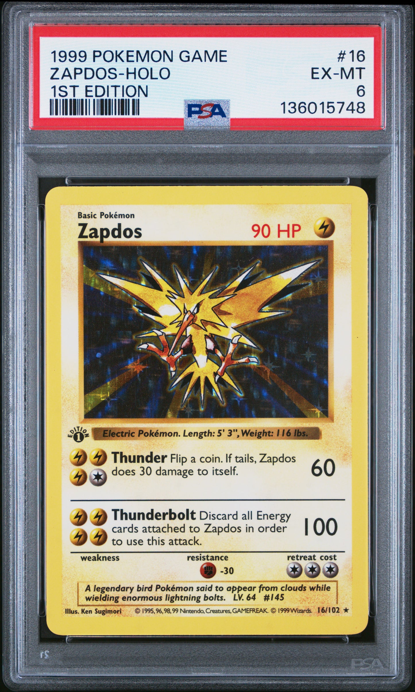 1999 POKEMON GAME ZAPDOS-HOLO #16 1ST EDITION PSA 6