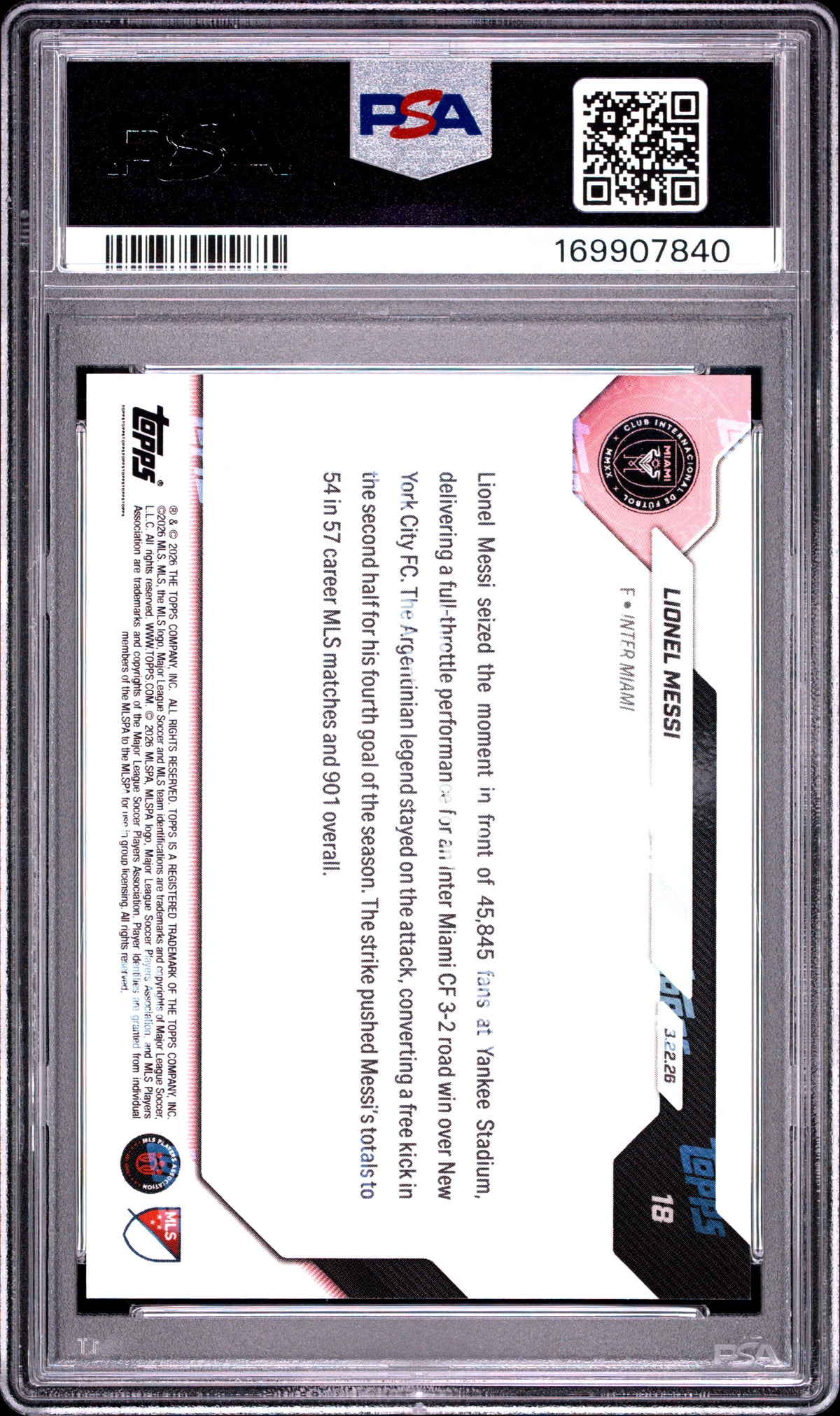 2026 TOPPS NOW MLS LIONEL MESSI #18 PSA 10