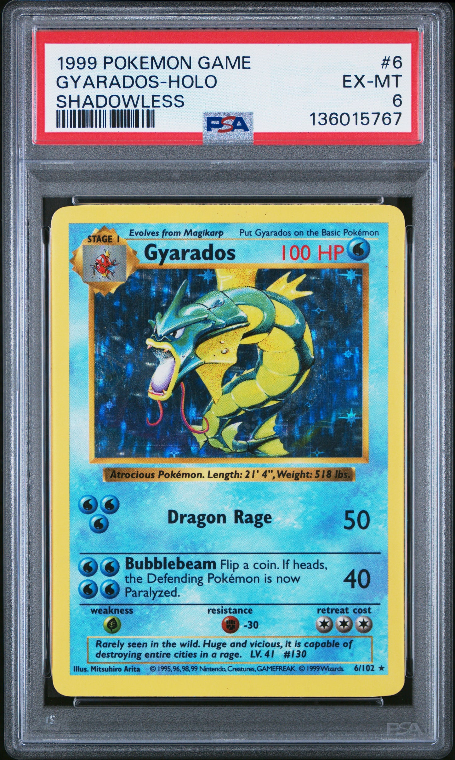 1999 POKEMON GAME GYARADOS-HOLO #6 SHADOWLESS PSA 6