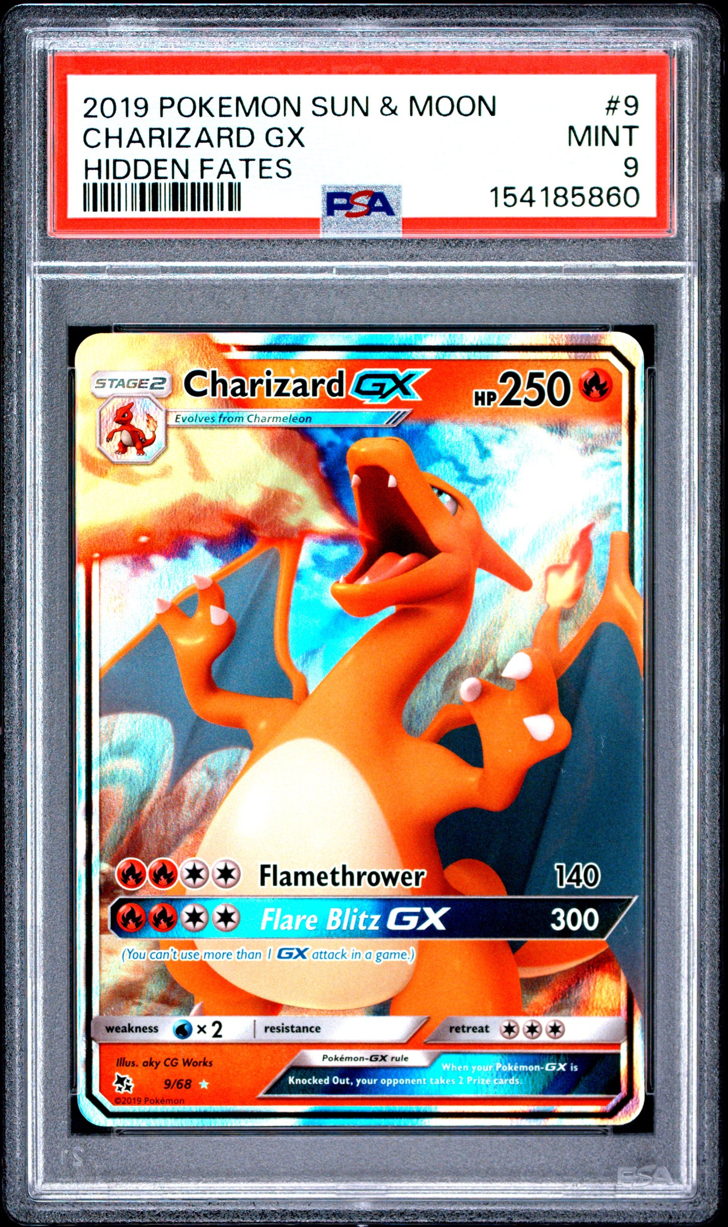 2019 POKEMON SUN & MOON HIDDEN FATES CHARIZARD GX #9 HIDDEN FATES PSA 9