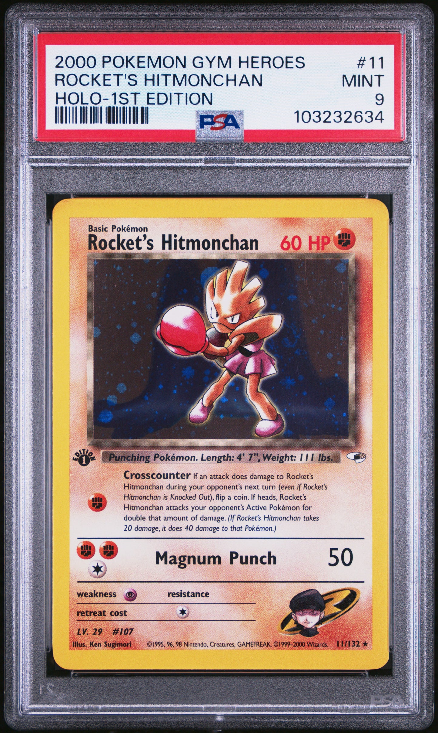 2000 POKEMON GYM HEROES ROCKET'S HITMONCHAN #11 HOLO-1ST EDITION PSA 9