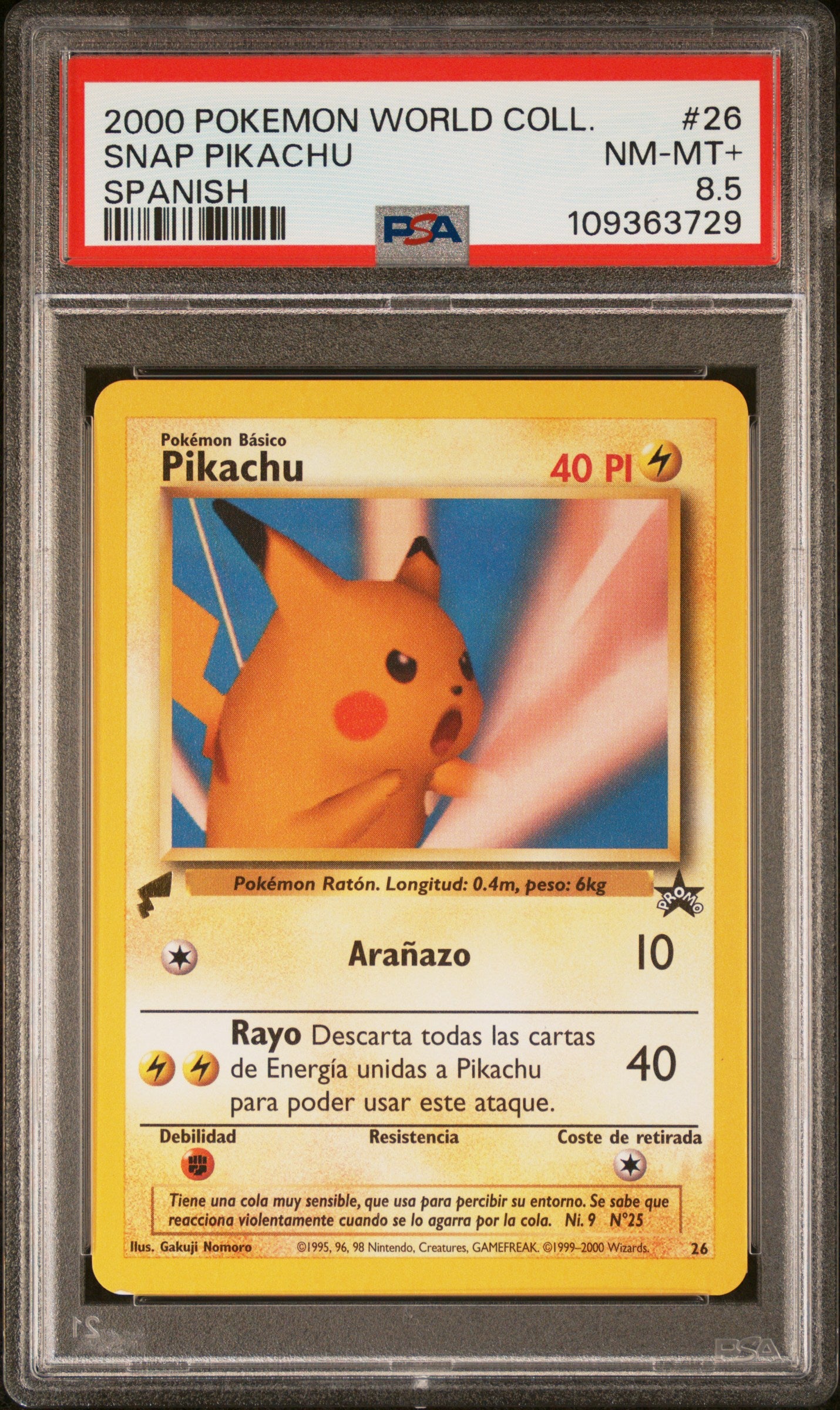 2000 POKEMON PIKACHU WORLD COLLECTION SNAP PIKACHU #26 SPANISH PSA 8