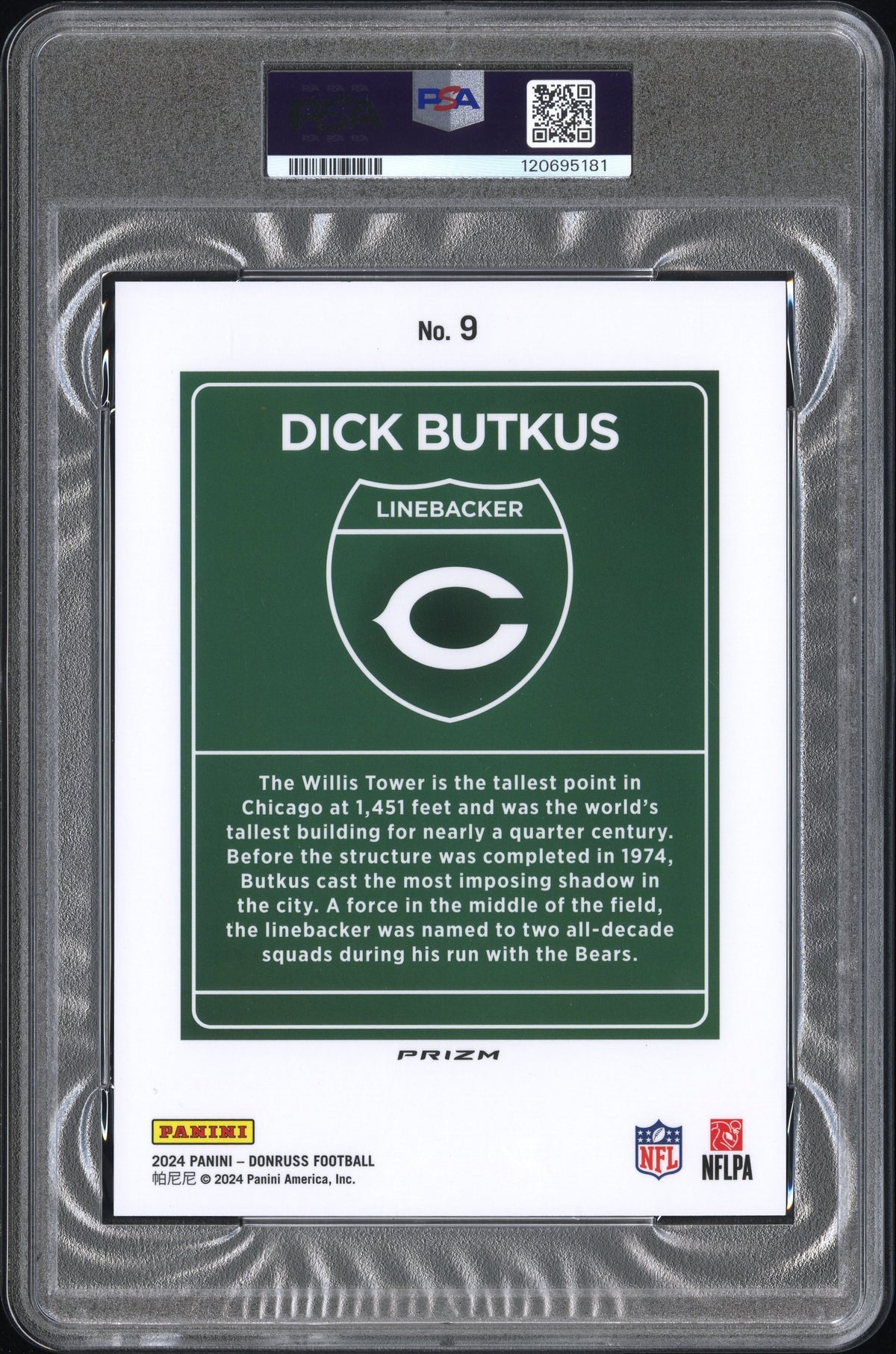 2024 PANINI DONRUSS DOWNTOWN! DICK BUTKUS #9 DOWNTOWN!-OVERSIZE PSA 9