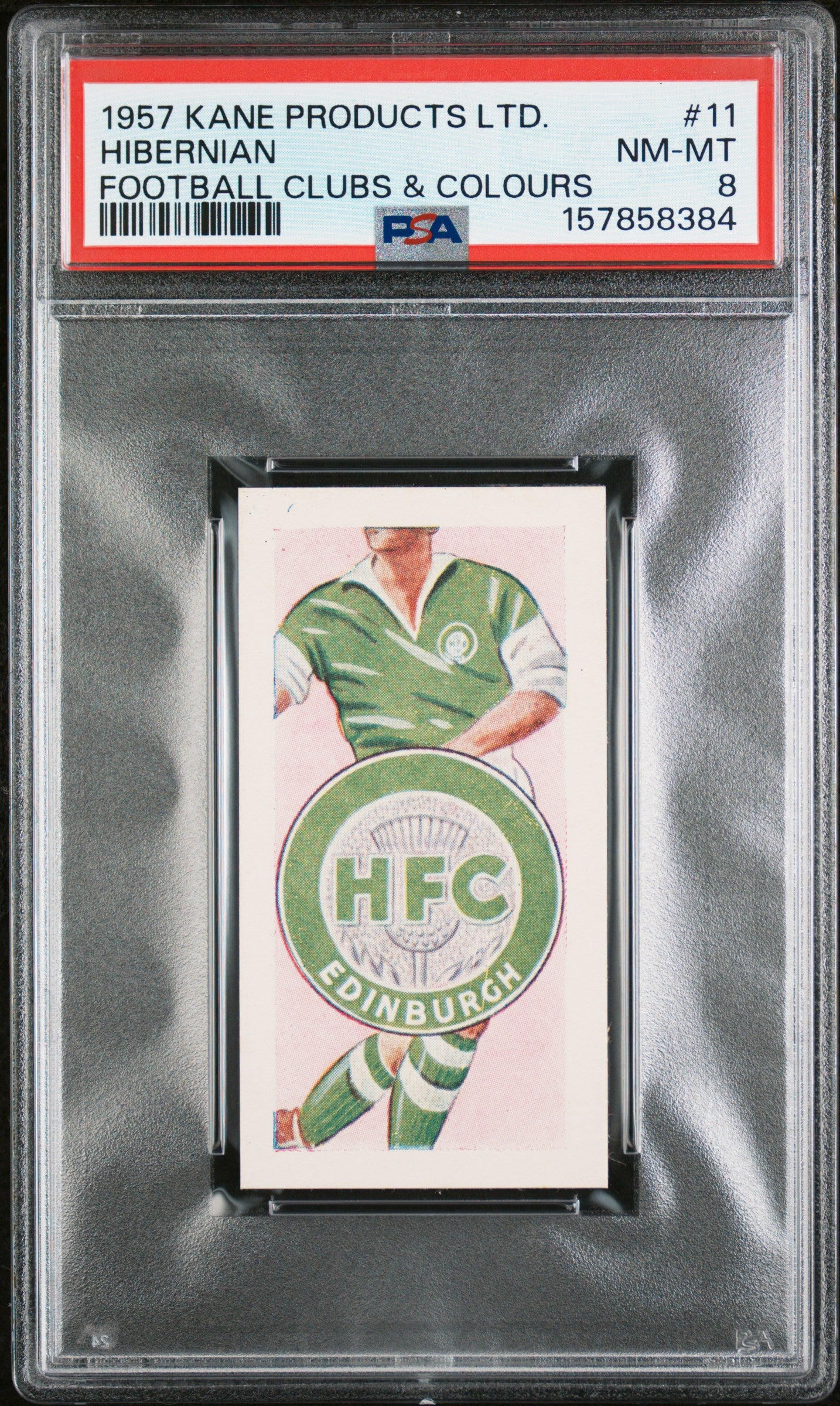 1957 KANE PRODUCTS LTD. FOOTBALL CLUBS & COLOURS HIBERNIAN #11 FOOTBALL CLUBS & COLOURS PSA 8