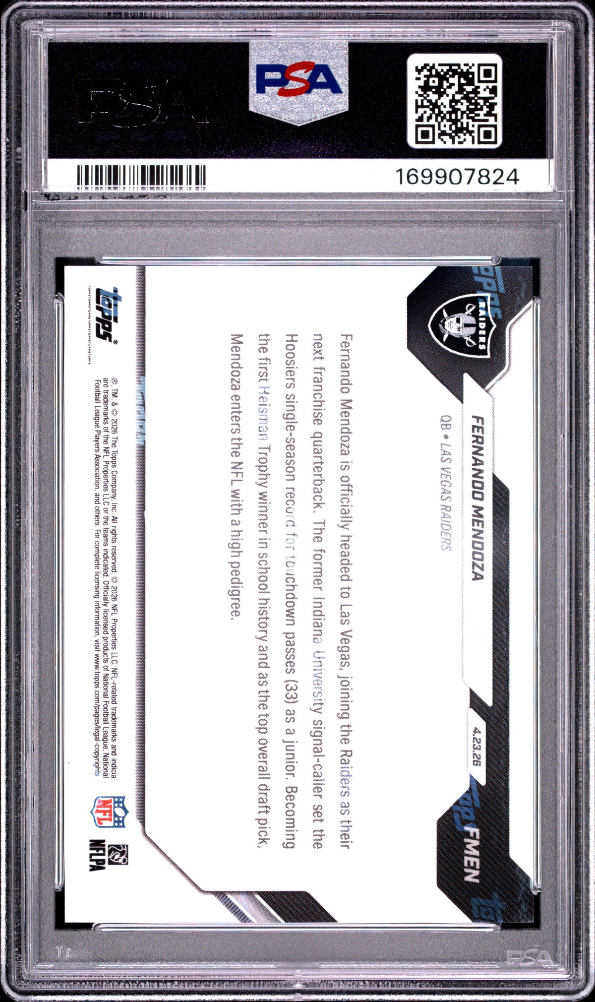 2026 TOPPS NOW FERNANDO MENDOZA #FMEN PSA 9