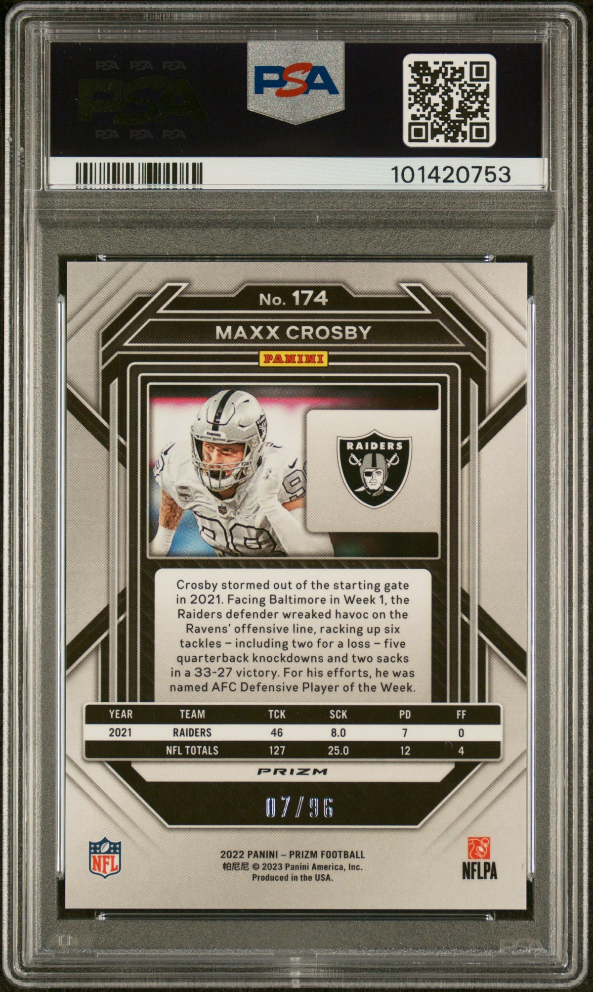 2022 PANINI PRIZM MAXX CROSBY #174 BLUE SPARKLE PSA 10
