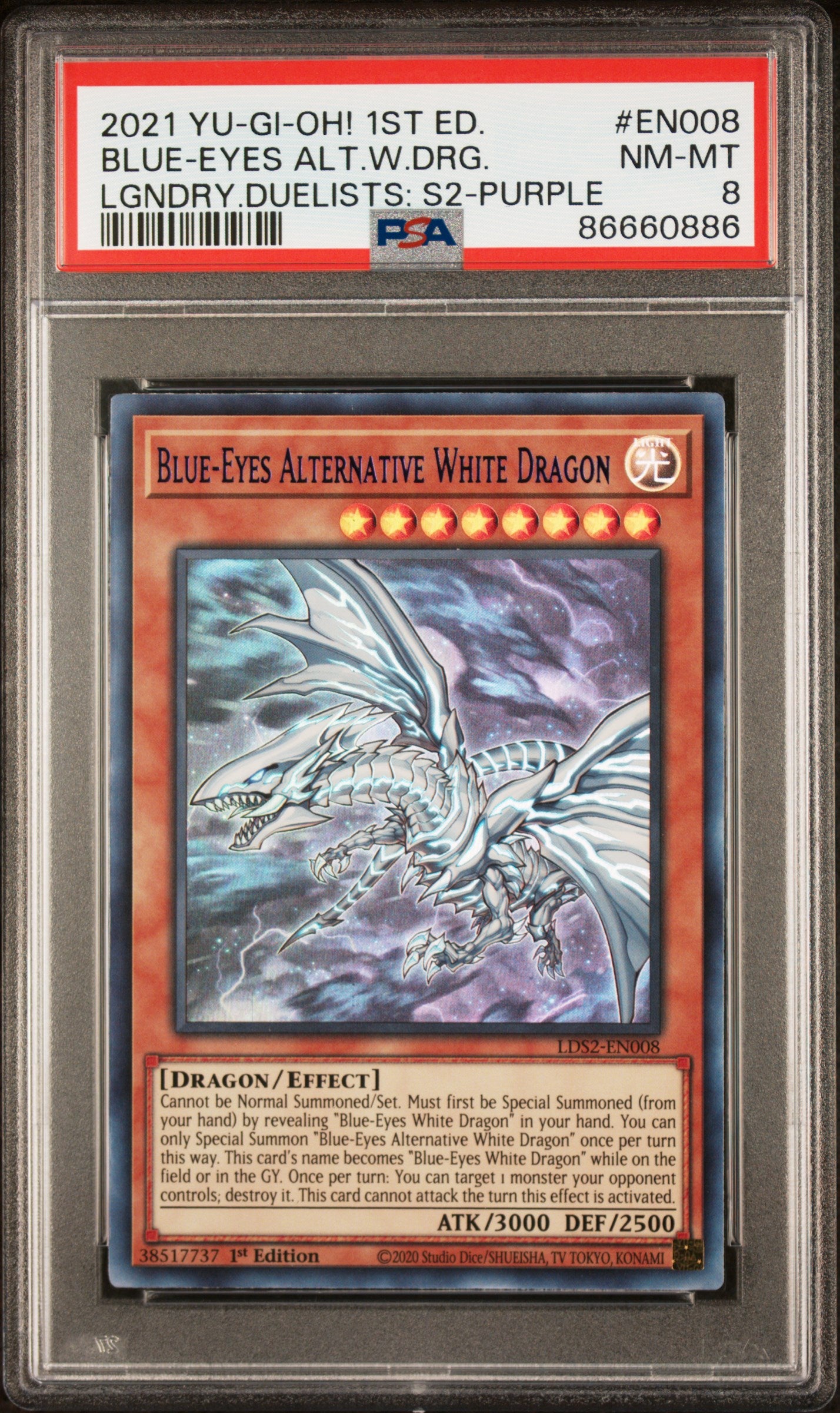 2021 YU-GI-OH! LEGENDARY DUELISTS: SEASON 2 BLUE-EYES ALT.W.DRG. #EN008 LGNDRY.DUELISTS: S2-PURPLE PSA 8