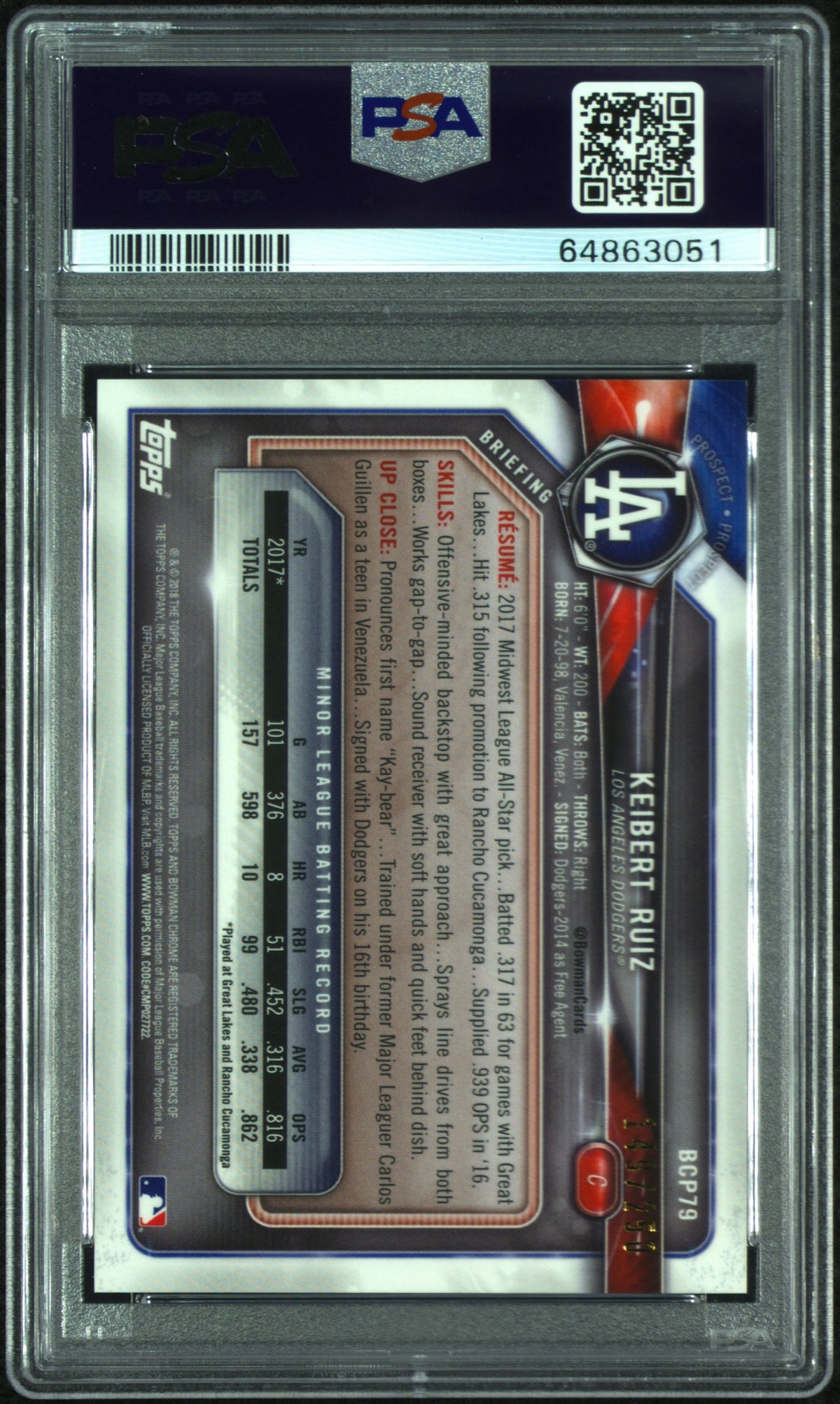 2018 BOWMAN MEGA BOX CHROME KEIBERT RUIZ #BCP79 CHROME-PURPLE REF. PSA 10