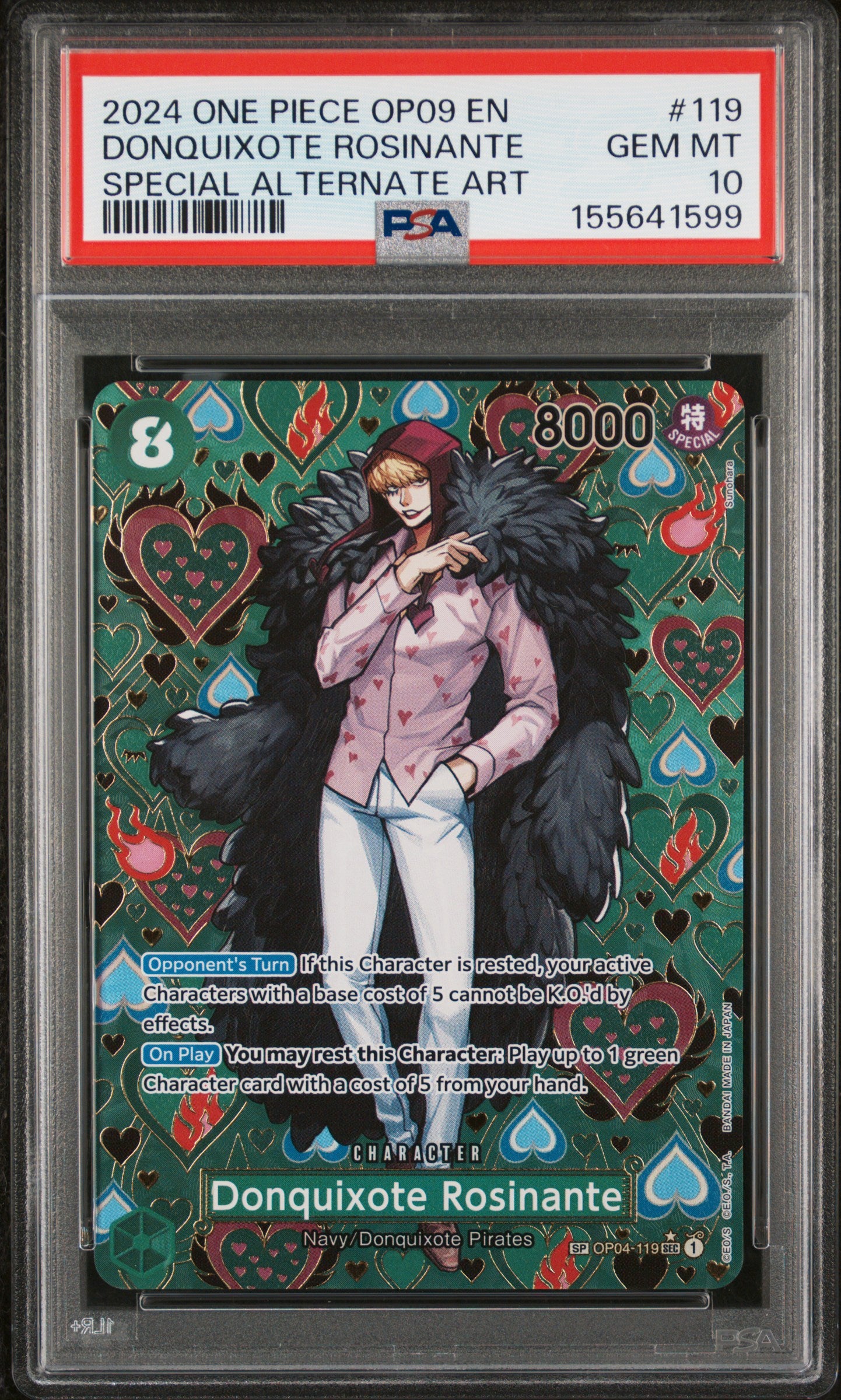 2024 ONE PIECE OP09-EMPERORS IN THE NEW WORLD DONQUIXOTE ROSINANTE #119 SPECIAL ALTERNATE ART PSA 10