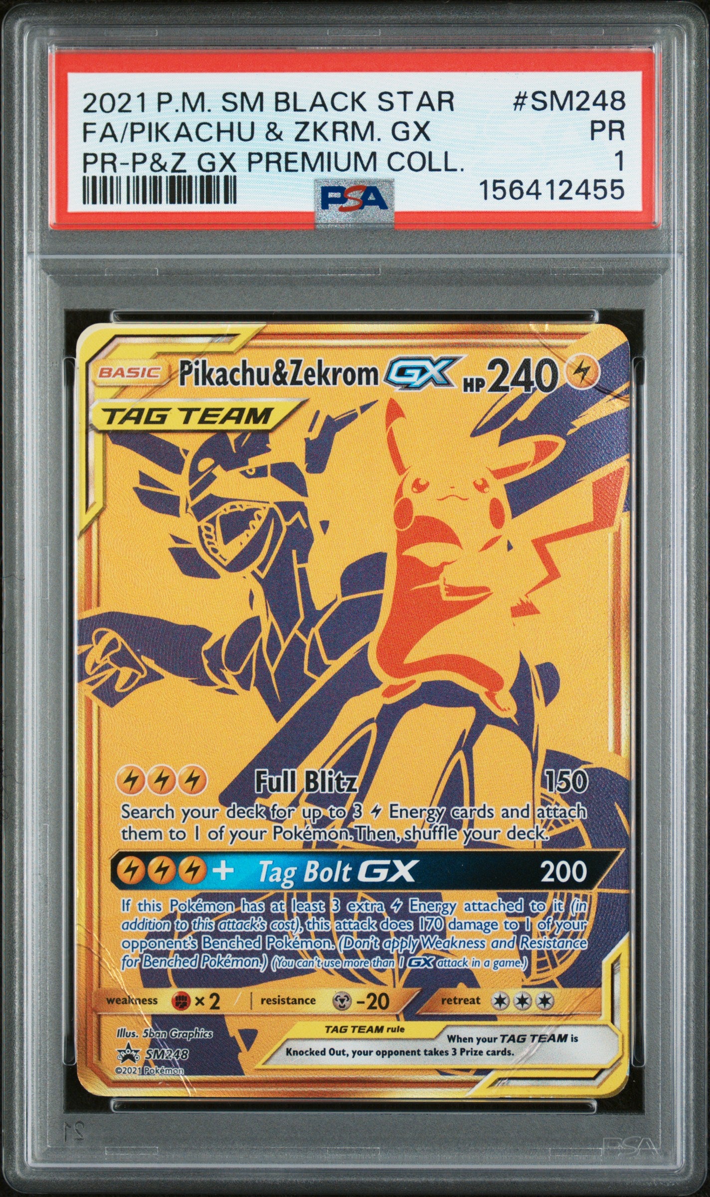 2021 POKEMON SM BLACK STAR PROMO FA/PIKACHU & ZKRM. GX #SM248 PR-P&Z GX PREMIUM COLL. PSA 1