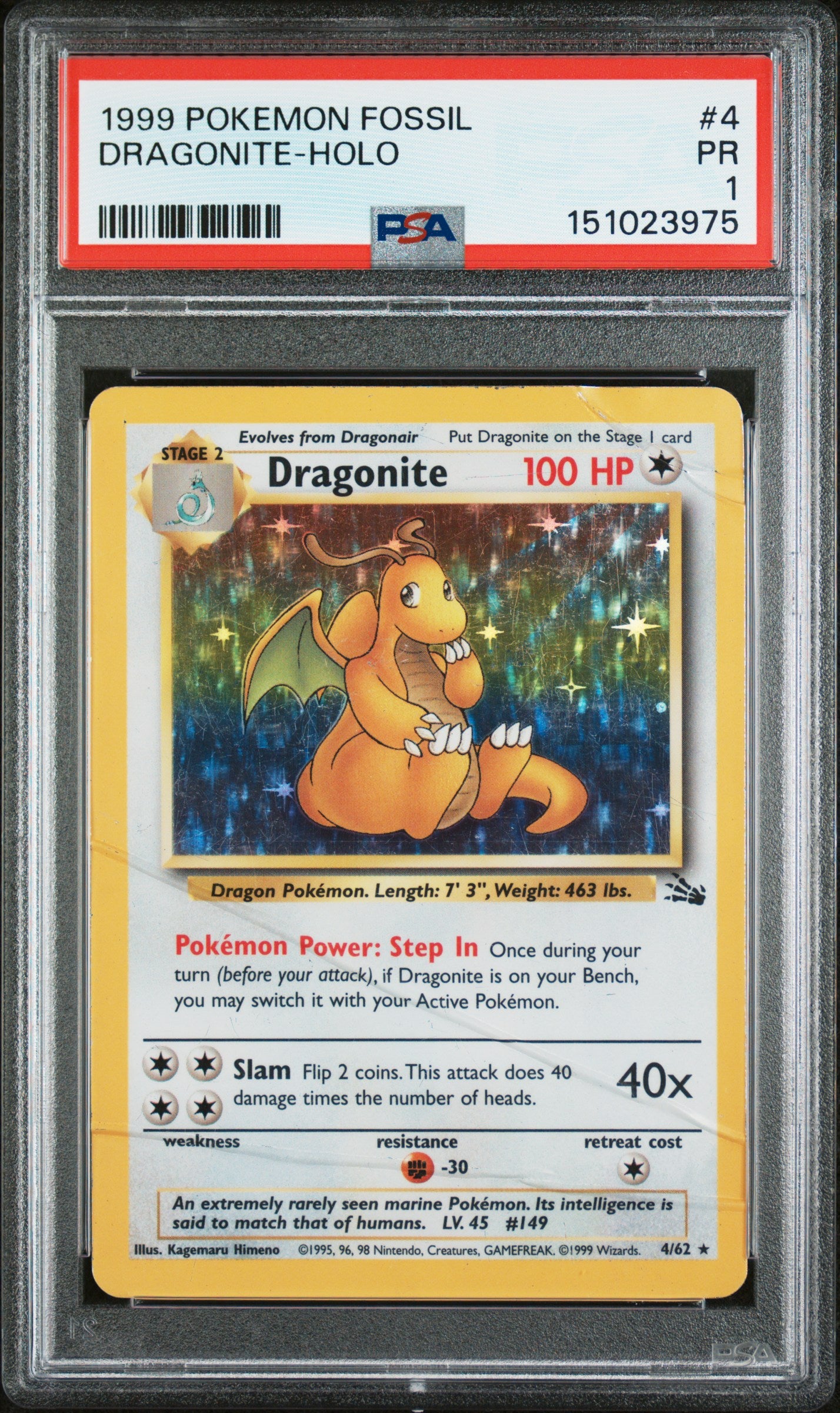 1999 POKEMON FOSSIL DRAGONITE-HOLO #4 PSA 1