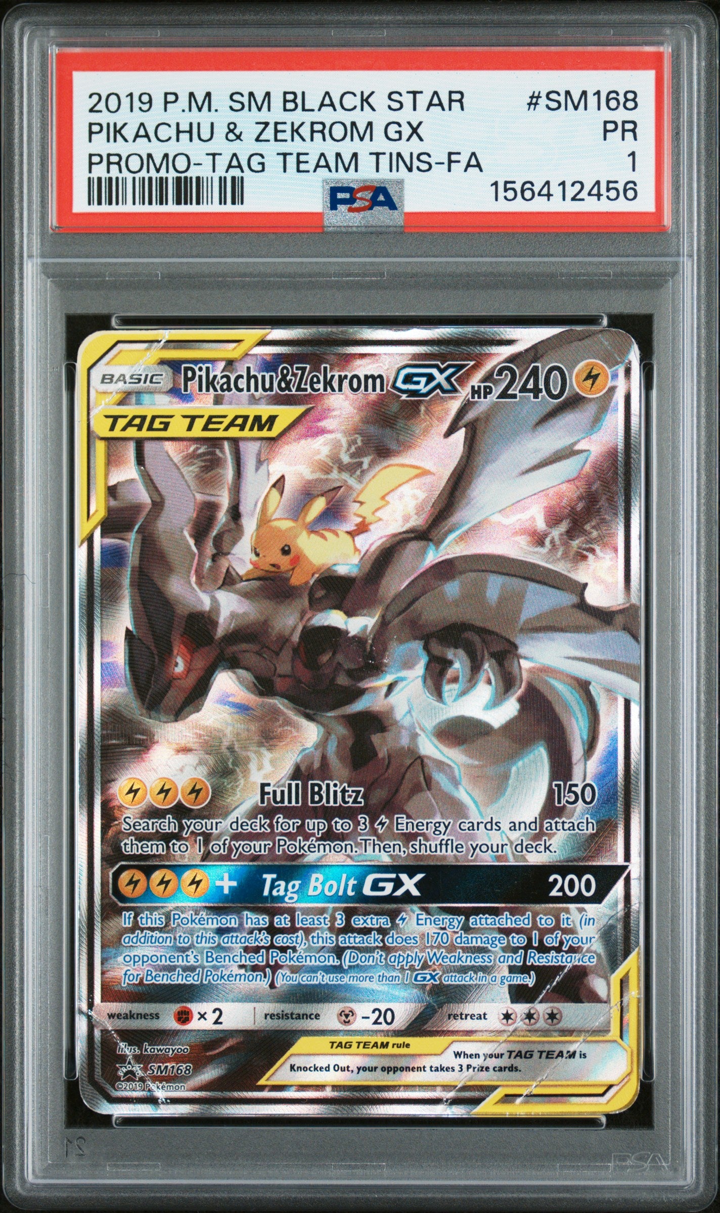 2019 POKEMON SM BLACK STAR PROMO PIKACHU & ZEKROM GX #SM168 PROMO-TAG TEAM TINS-FA PSA 1
