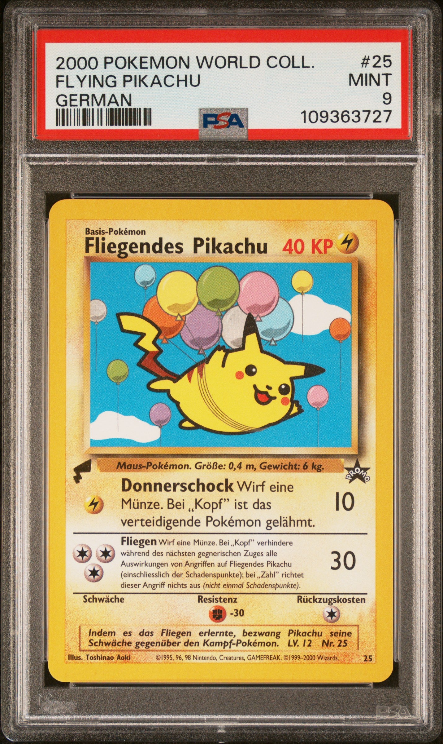 2000 POKEMON PIKACHU WORLD COLLECTION FLYING PIKACHU #25 GERMAN PSA 9