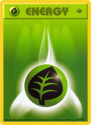 Pokemon,Base Set (Shadowless),Grass Energy - 099/102,1st Edition,Common,Damaged