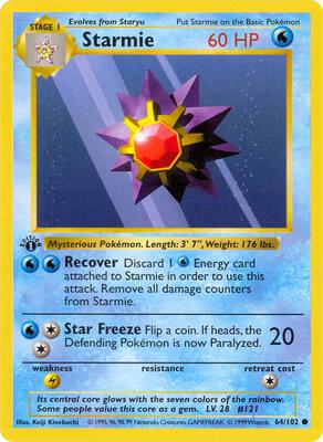Pokemon,Base Set (Shadowless),Starmie - 064/102,1st Edition,Common,Moderately Played