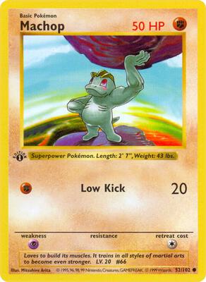 Pokemon,Base Set (Shadowless),Machop - 052/102,1st Edition,Common,Heavily Played
