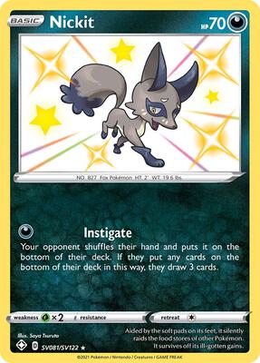 Pokemon,Shining Fates: Shiny Vault,Nickit - SV081/SV122,Holofoil,Shiny Holo Rare,Near Mint