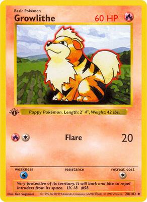 Pokemon,Base Set (Shadowless),Growlithe - 028/102,1st Edition,Uncommon,Moderately Played