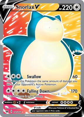 Pokemon,SWSH01: Sword & Shield Base Set,Snorlax V (Full Art) - 197/202,Holofoil,Ultra Rare,Lightly Played