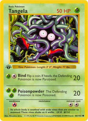 Pokemon,Base Set (Shadowless),Tangela - 066/102,1st Edition,Common,Moderately Played