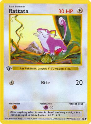 Pokemon,Base Set (Shadowless),Rattata - 061/102,1st Edition,Common,Moderately Played