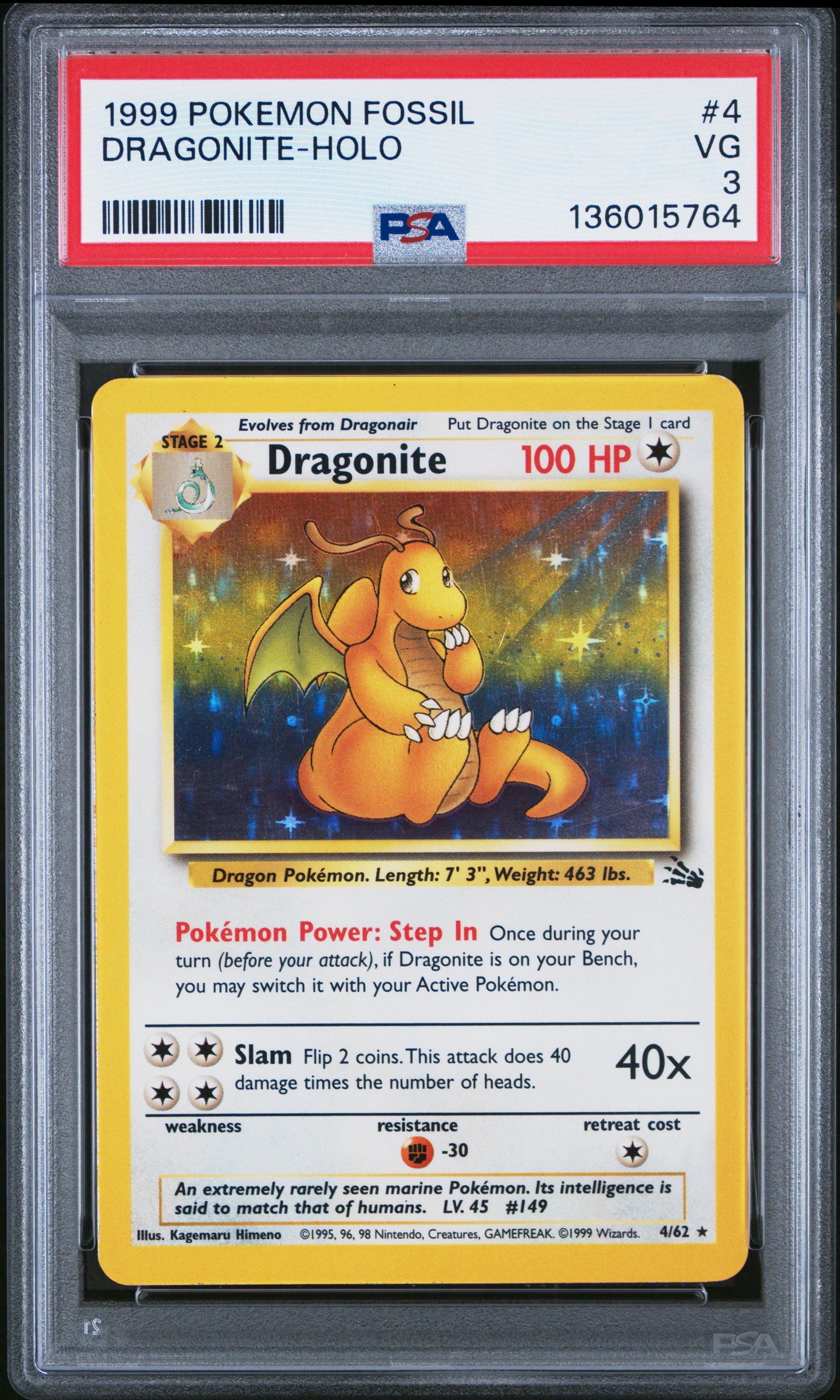 1999 POKEMON FOSSIL DRAGONITE-HOLO #4 PSA 3