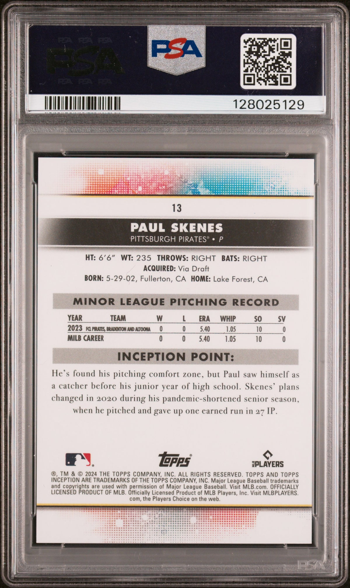 2024 TOPPS INCEPTION PAUL SKENES #13 PURPLE PSA 10