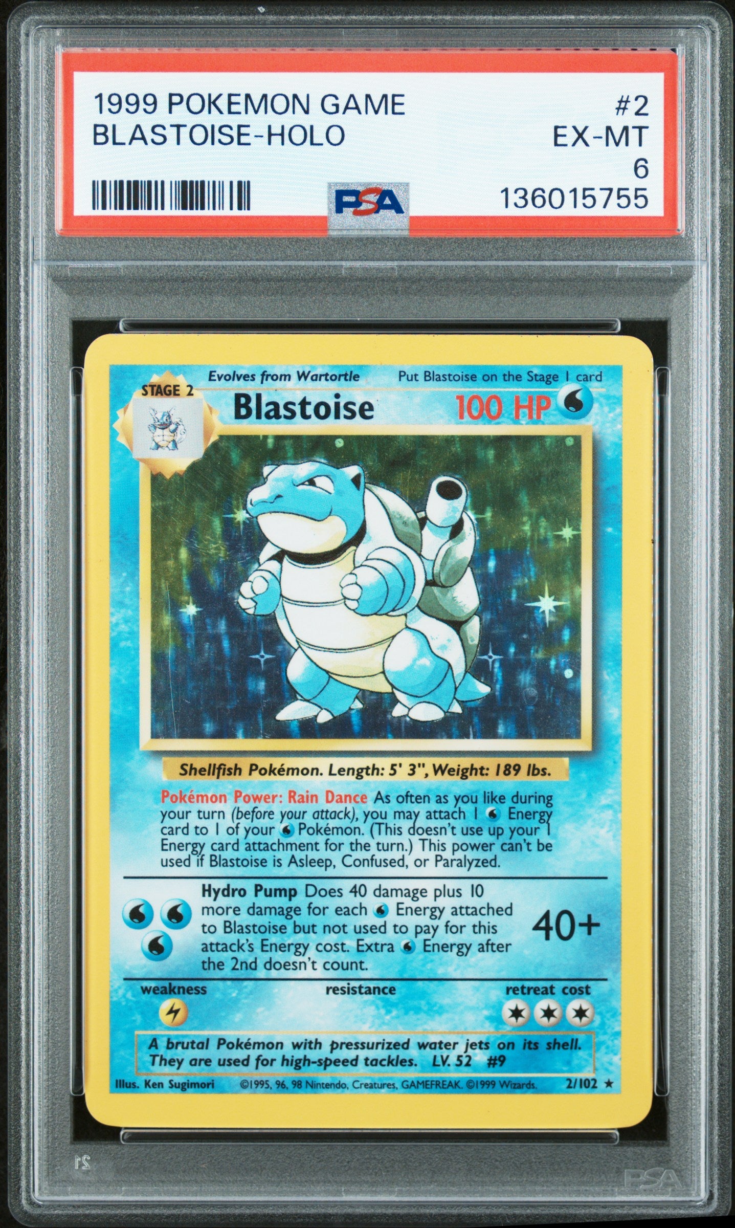 1999 POKEMON GAME BLASTOISE-HOLO #2 PSA 6