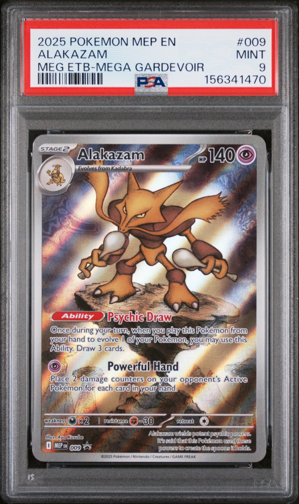 2025 POKEMON MEP EN-ME BLACK STAR PROMO ALAKAZAM #009 MEG ETB-MEGA GARDEVOIR PSA 9