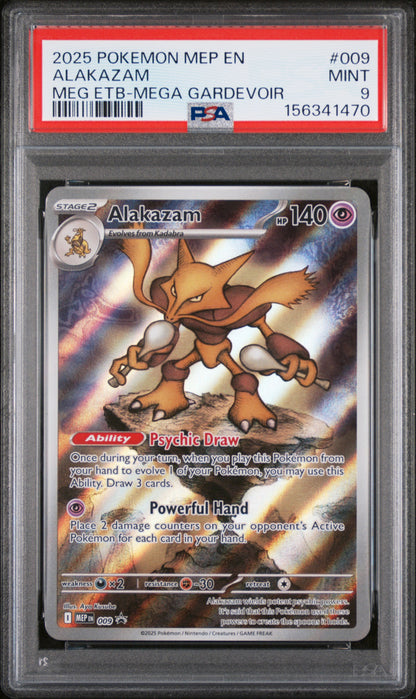 2025 POKEMON MEP EN-ME BLACK STAR PROMO ALAKAZAM #009 MEG ETB-MEGA GARDEVOIR PSA 9