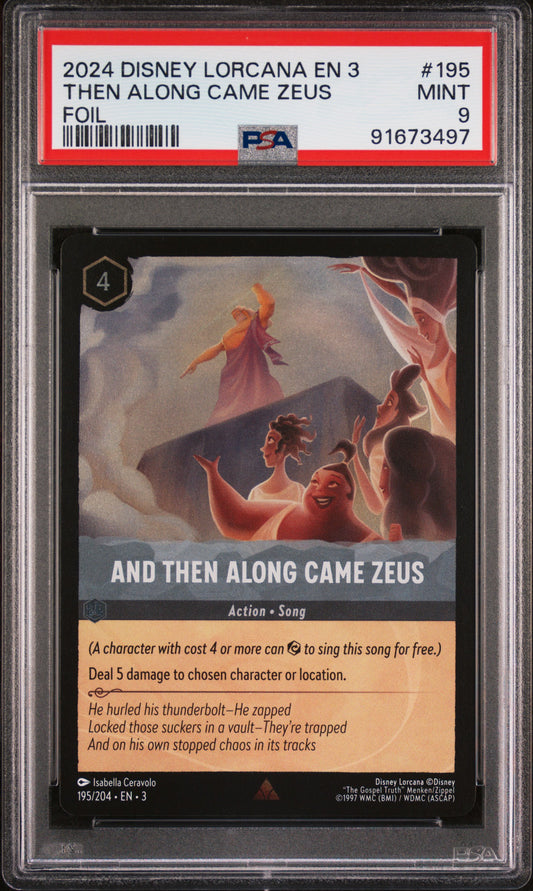 2024 DISNEY LORCANA EN 3-INTO THE INKLANDS THEN ALONG CAME ZEUS #195 FOIL PSA 9
