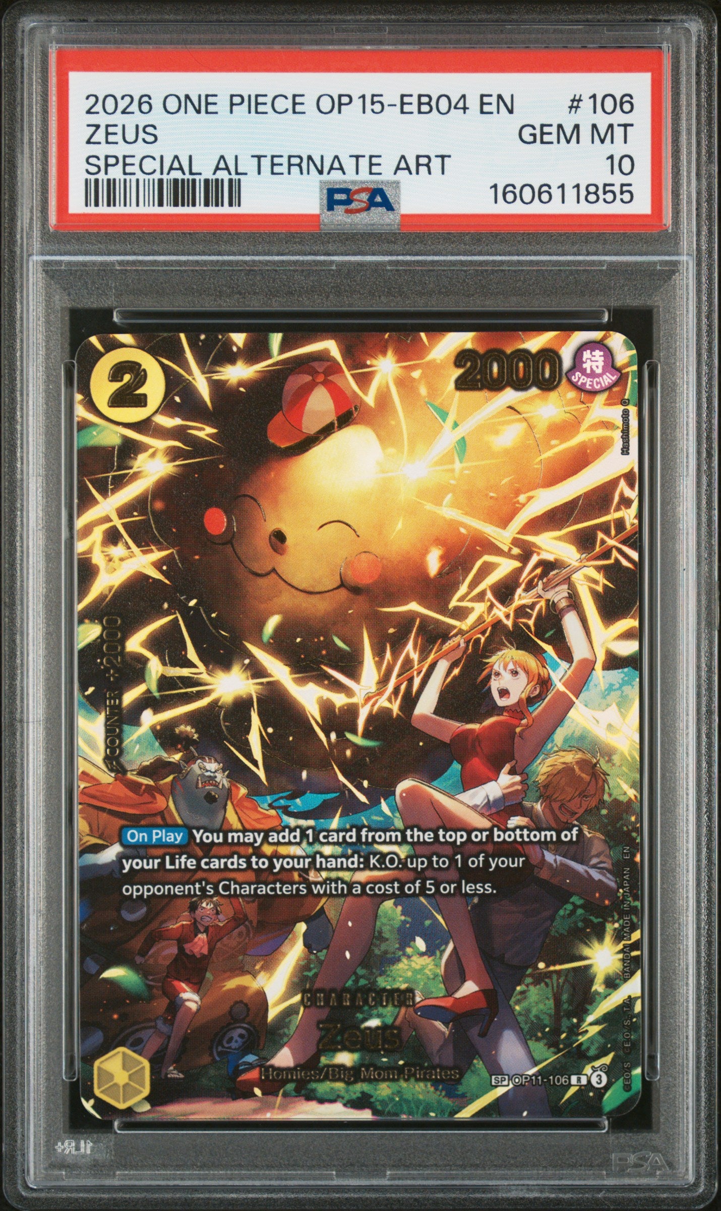 2026 ONE PIECE OP15-EB04-ADVENTURE ON KAMI'S ISLAND ZEUS #106 SPECIAL ALTERNATE ART PSA 10