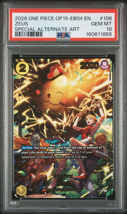 2026 ONE PIECE OP15-EB04-ADVENTURE ON KAMI'S ISLAND ZEUS #106 SPECIAL ALTERNATE ART PSA 10