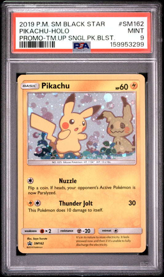 2019 POKEMON SM BLACK STAR PROMO PIKACHU-HOLO #SM162 PROMO-TM.UP SNGL.PK.BLST. PSA 9