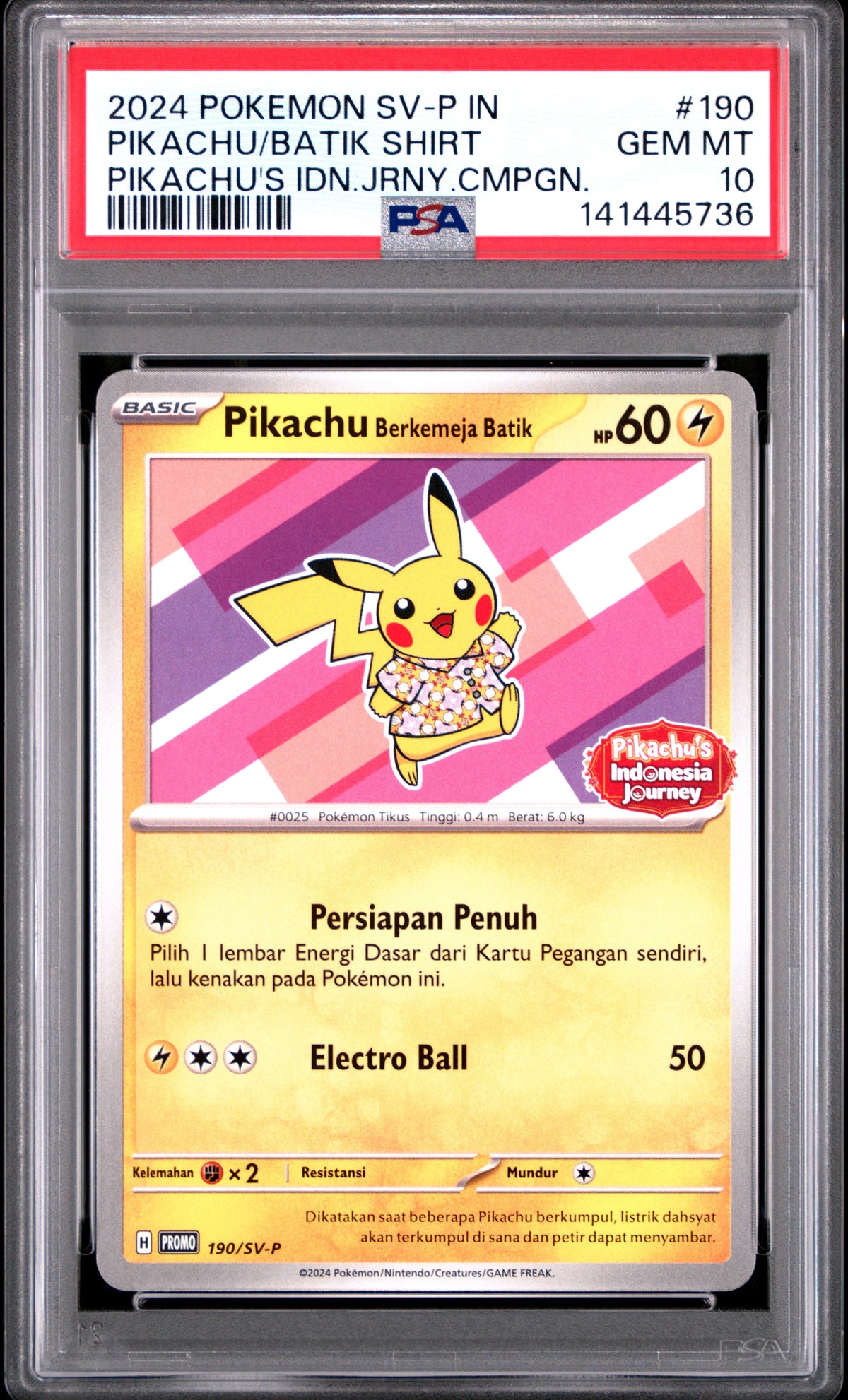 2024 POKEMON INDONESIAN SV-P PROMO PIKACHU/BATIK SHIRT #190 PIKACHU'S IDN.JRNY.CMPGN. PSA 10