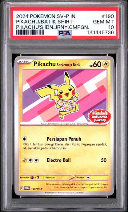 2024 POKEMON INDONESIAN SV-P PROMO PIKACHU/BATIK SHIRT #190 PIKACHU'S IDN.JRNY.CMPGN. PSA 10