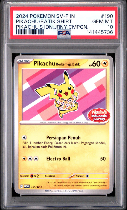 2024 POKEMON INDONESIAN SV-P PROMO PIKACHU/BATIK SHIRT #190 PIKACHU'S IDN.JRNY.CMPGN. PSA 10