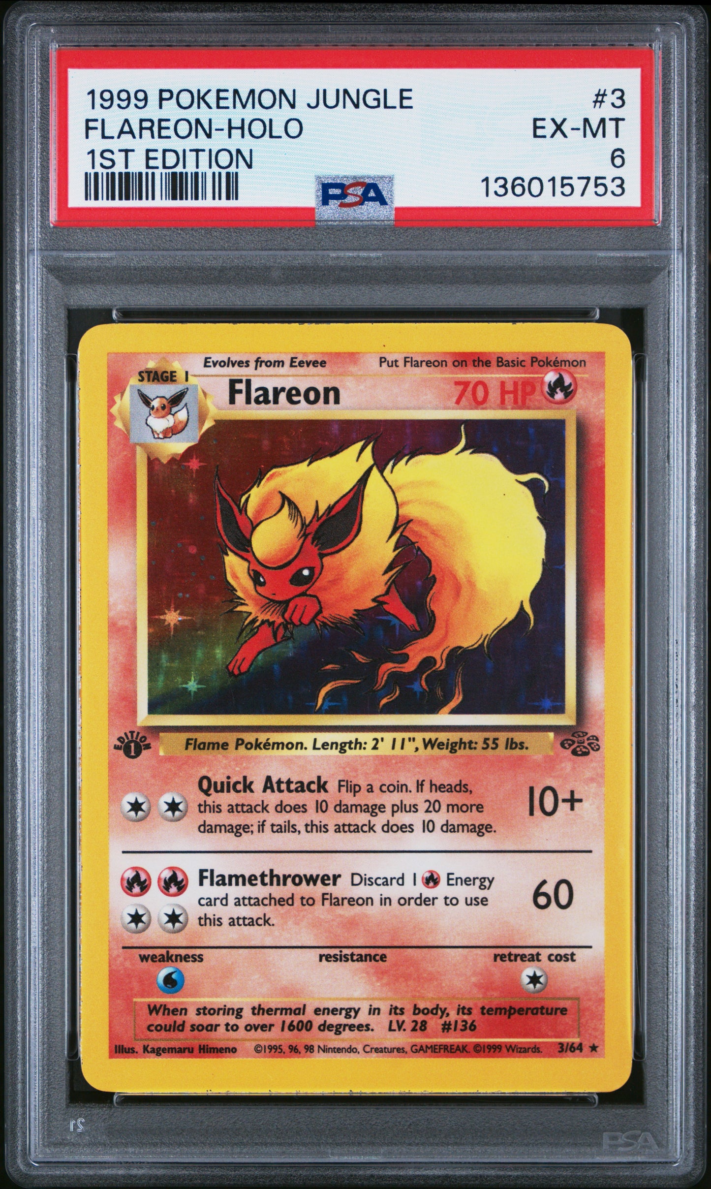 1999 POKEMON JUNGLE FLAREON-HOLO #3 1ST EDITION PSA 6