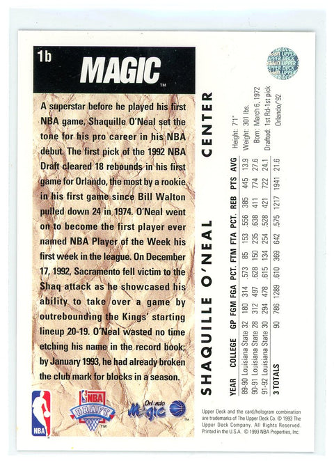 1992-93 Upper Deck #1b Shaquille O'Neal